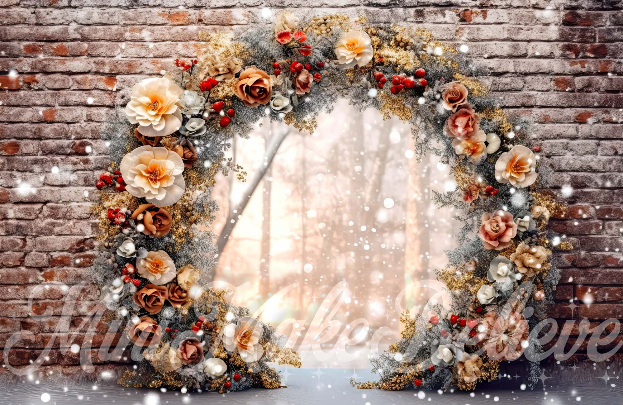 Kate Brick Wall Enchanted Floral Arch Backdrop Christmas Winter Designed by Mini MakeBelieve