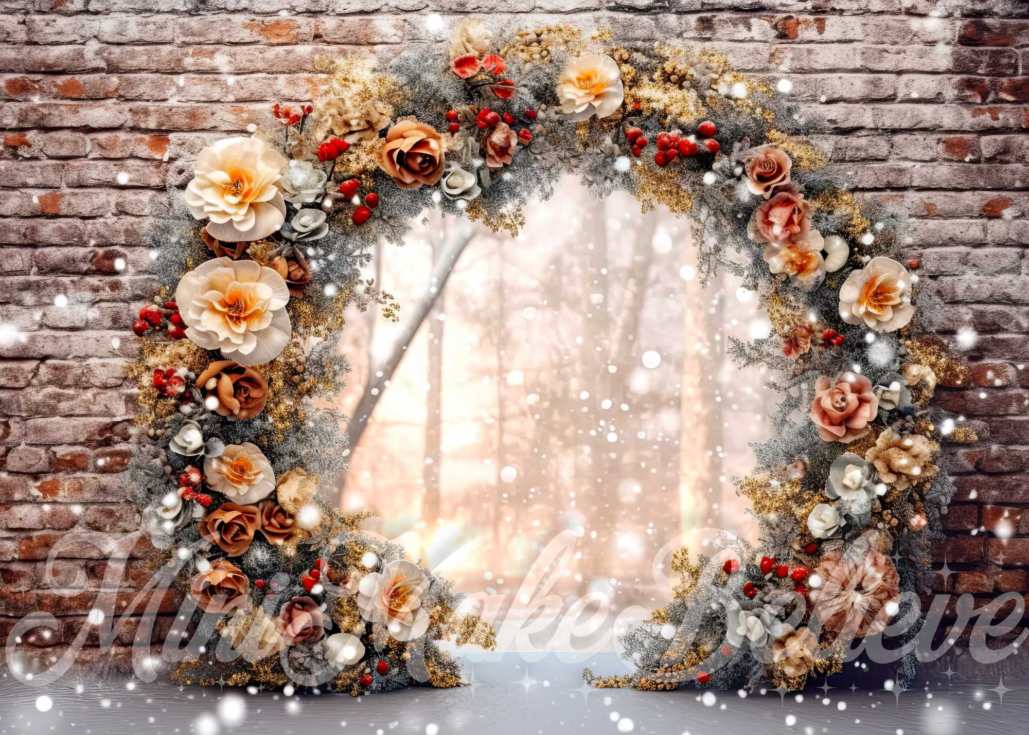 Kate Brick Wall Enchanted Floral Arch Backdrop Christmas Winter Designed by Mini MakeBelieve