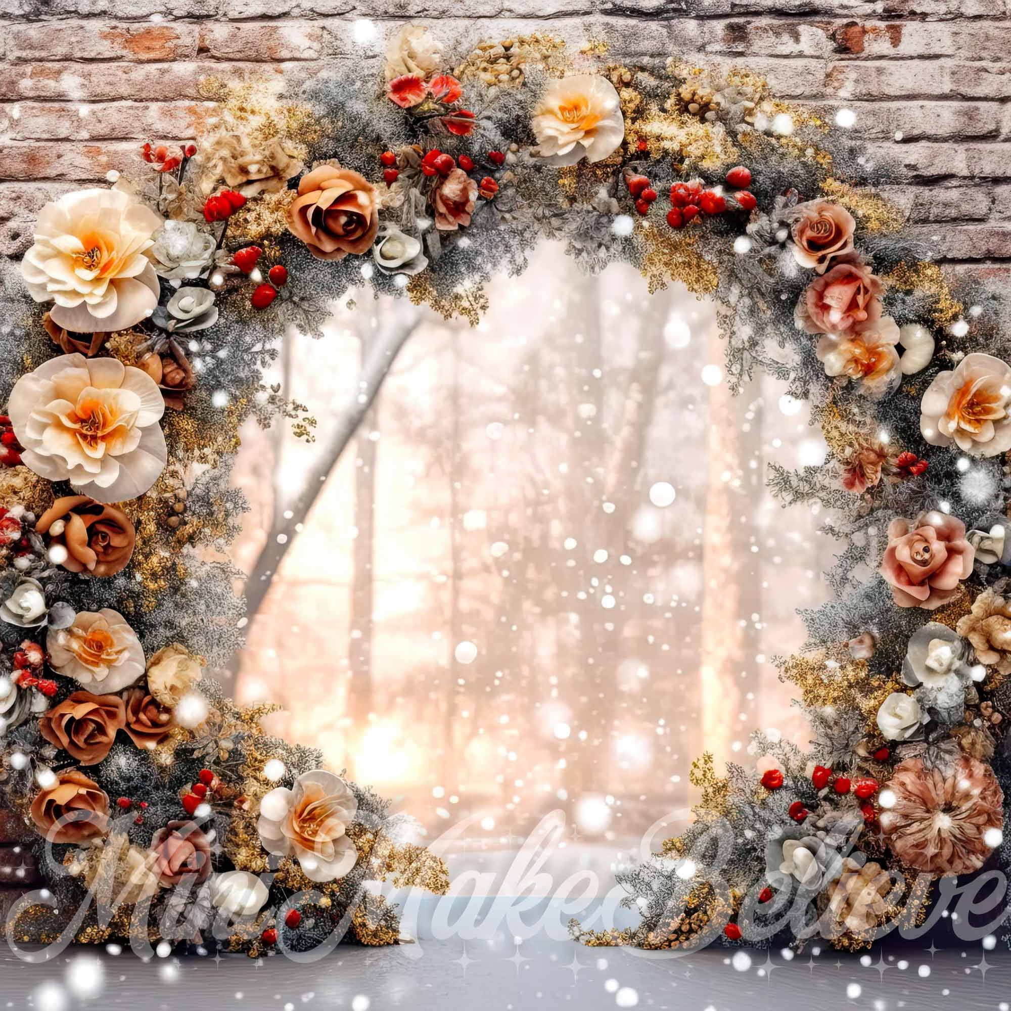 Kate Brick Wall Enchanted Floral Arch Backdrop Christmas Winter Designed by Mini MakeBelieve