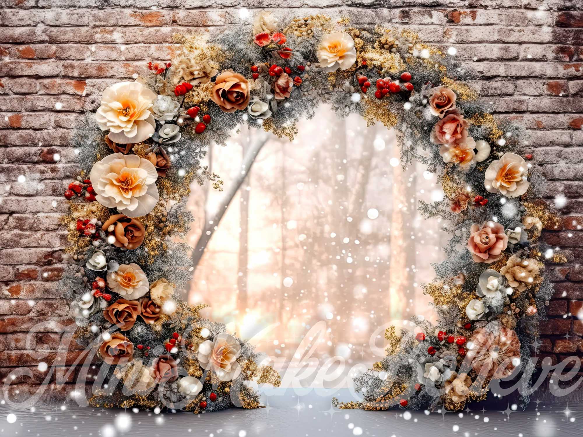 Kate Brick Wall Enchanted Floral Arch Backdrop Christmas Winter Designed by Mini MakeBelieve