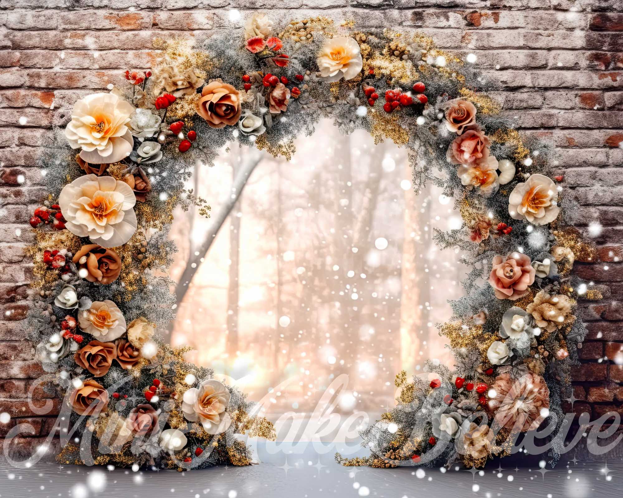 Kate Brick Wall Enchanted Floral Arch Backdrop Christmas Winter Designed by Mini MakeBelieve