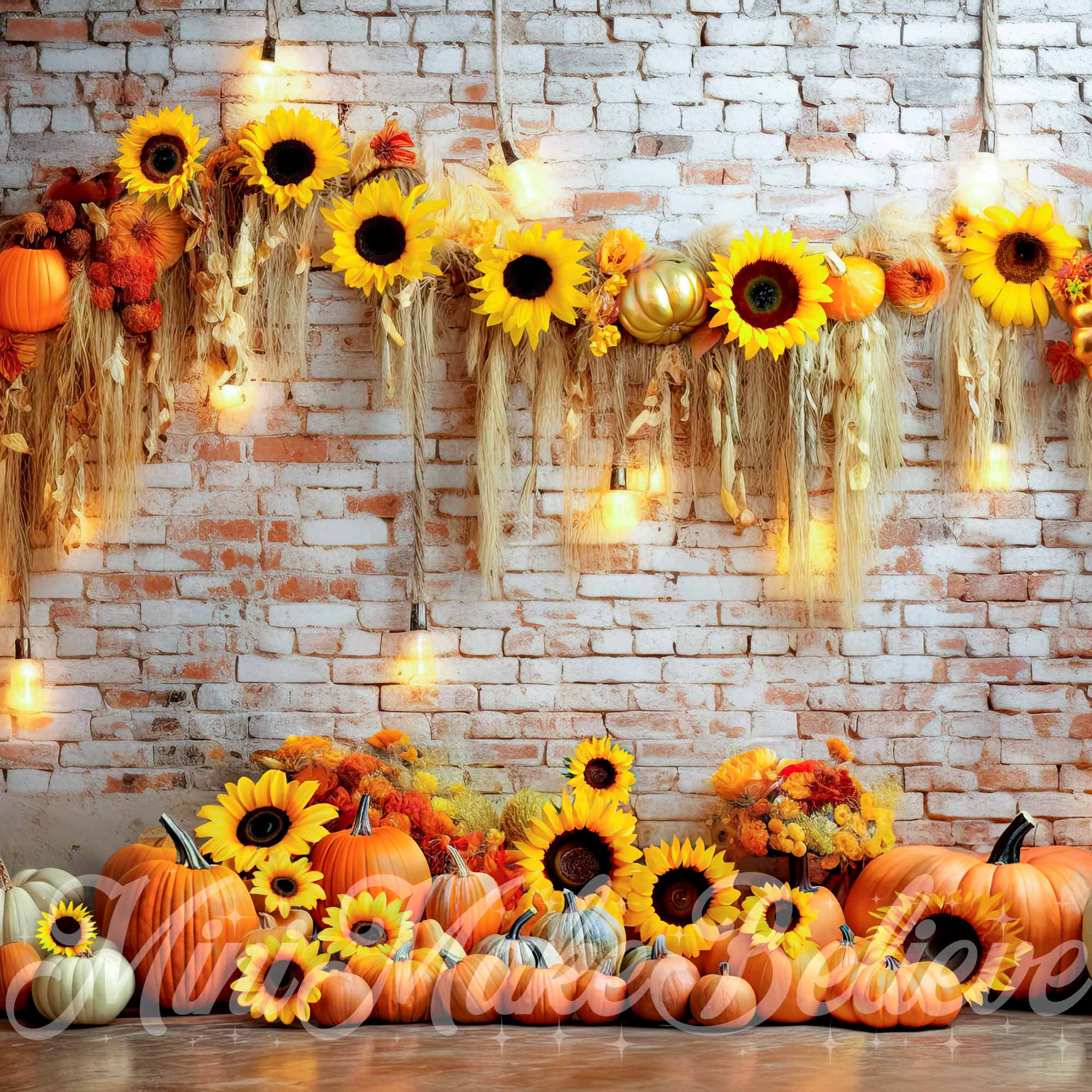 Kate Pumpkin Sunflower Brick Wall Backdrop Fall Autumn Designed by Mini MakeBelieve