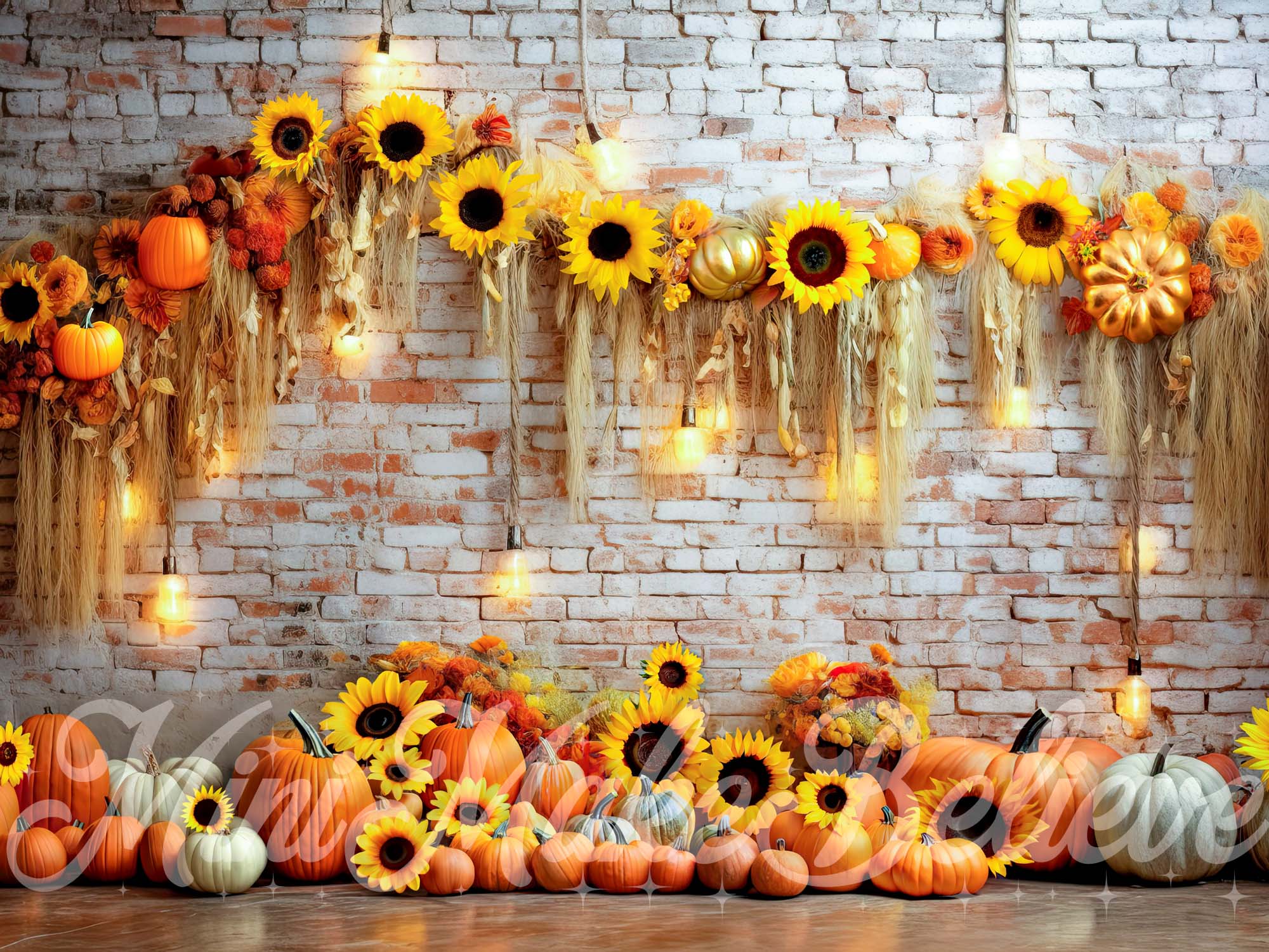 Kate Pumpkin Sunflower Brick Wall Backdrop Fall Autumn Designed by Mini MakeBelieve