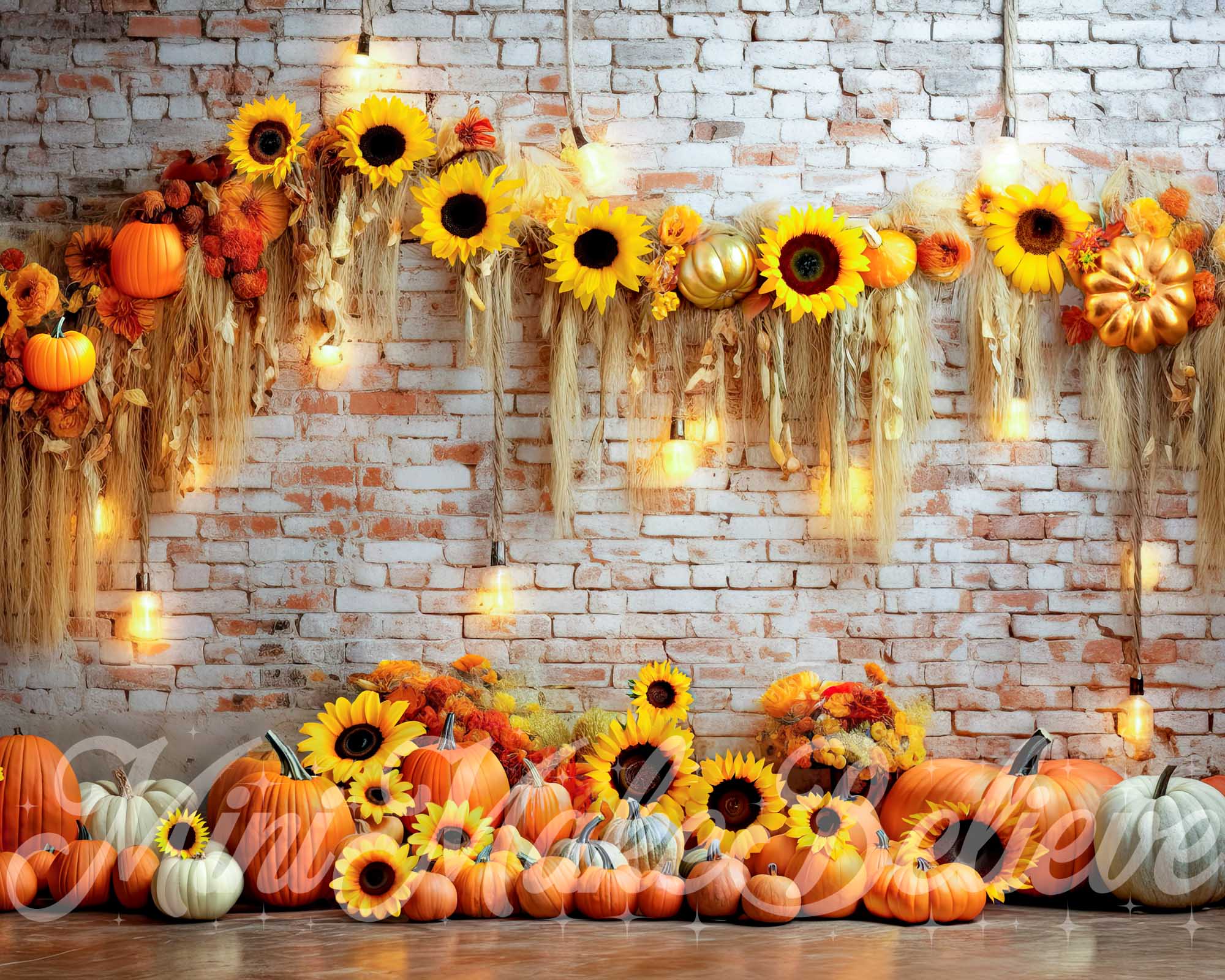 Kate Pumpkin Sunflower Brick Wall Backdrop Fall Autumn Designed by Mini MakeBelieve