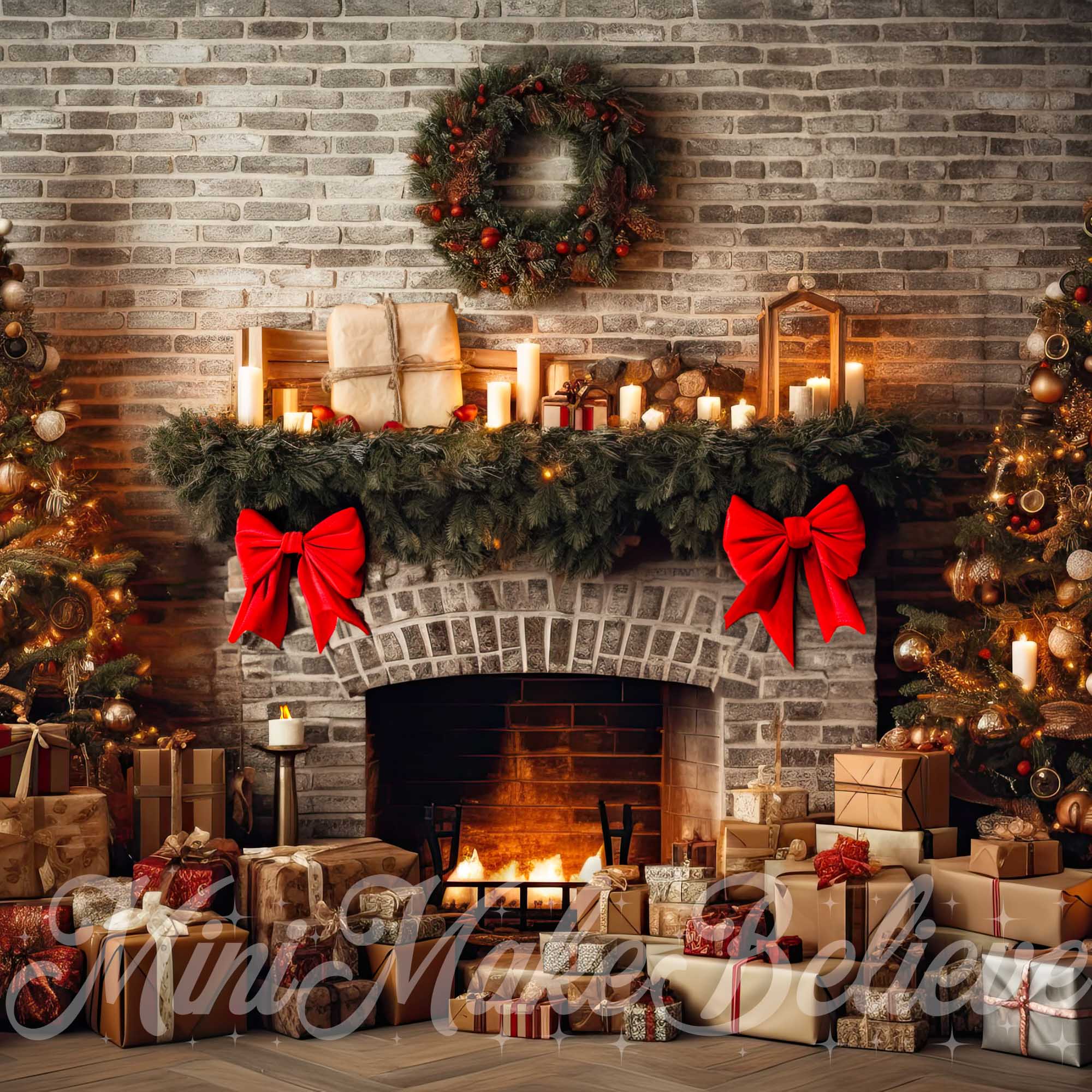 Kate Rustic Brick Fireplace Trees Backdrop Winter Christmas Designed by Mini MakeBelieve