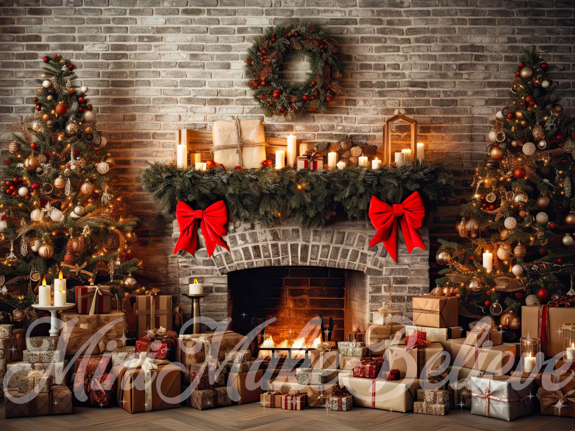 Kate Rustic Brick Fireplace Trees Backdrop Winter Christmas Designed by Mini MakeBelieve