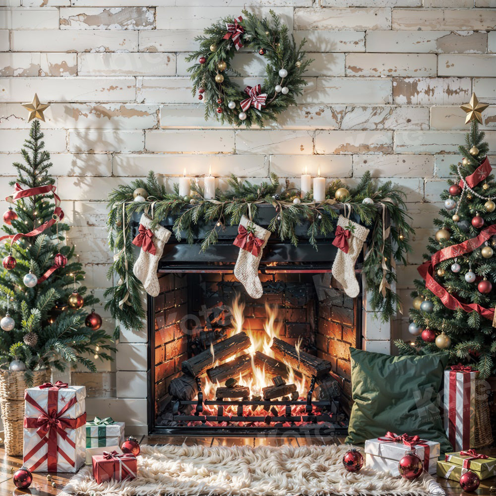 Kate Christmas Burning Fireplace White Wall Backdrop for Photography