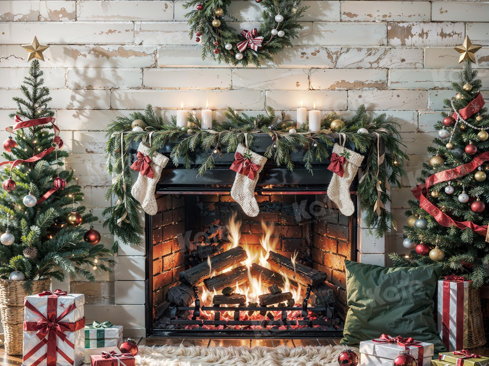 Kate Christmas Burning Fireplace White Wall Backdrop for Photography