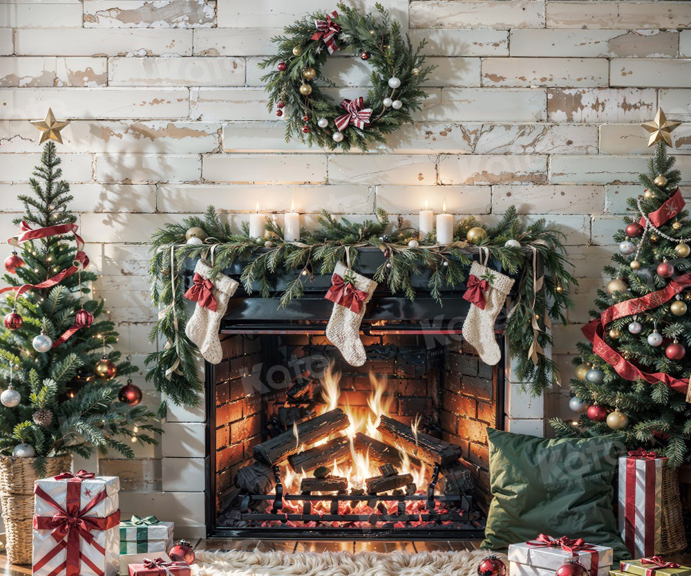 Kate Christmas Burning Fireplace White Wall Backdrop for Photography