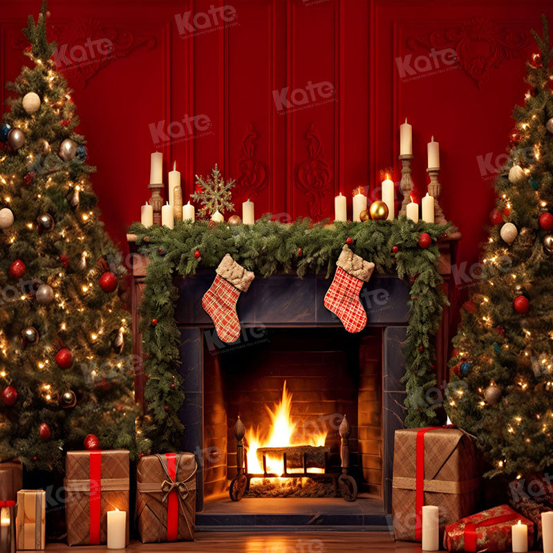 Kate Red Christmas Tree Fireplace Backdrop For Photography