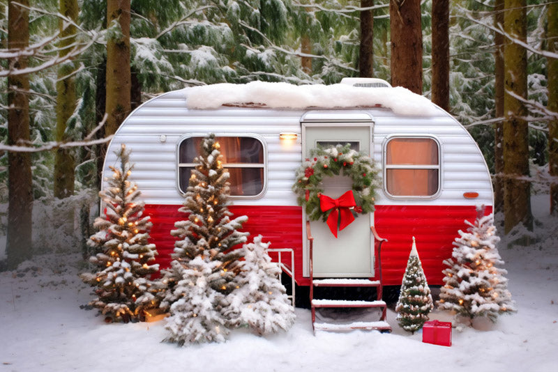 Kate Christmas Red Camping Car with Snow Tree Backdrop for Photography