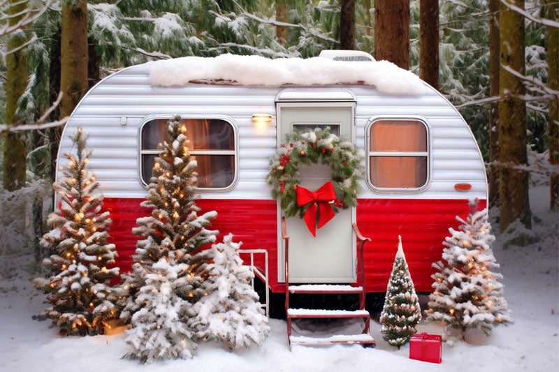 Kate Christmas Red Camping Car with Snow Tree Backdrop for Photography