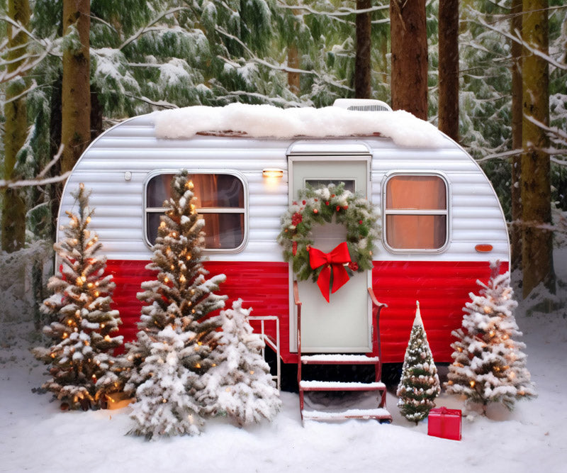 Kate Christmas Red Camping Car with Snow Tree Backdrop for Photography