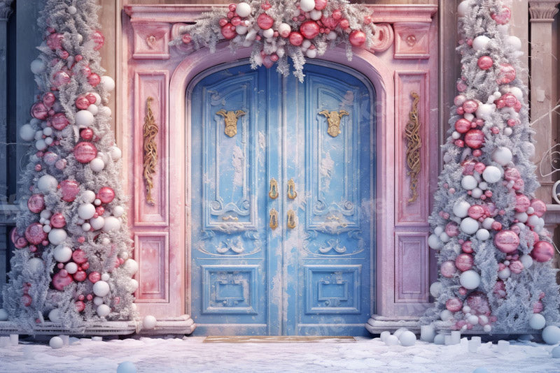 Kate Pink Christmas Blue Door Yard Backdrop for Photography