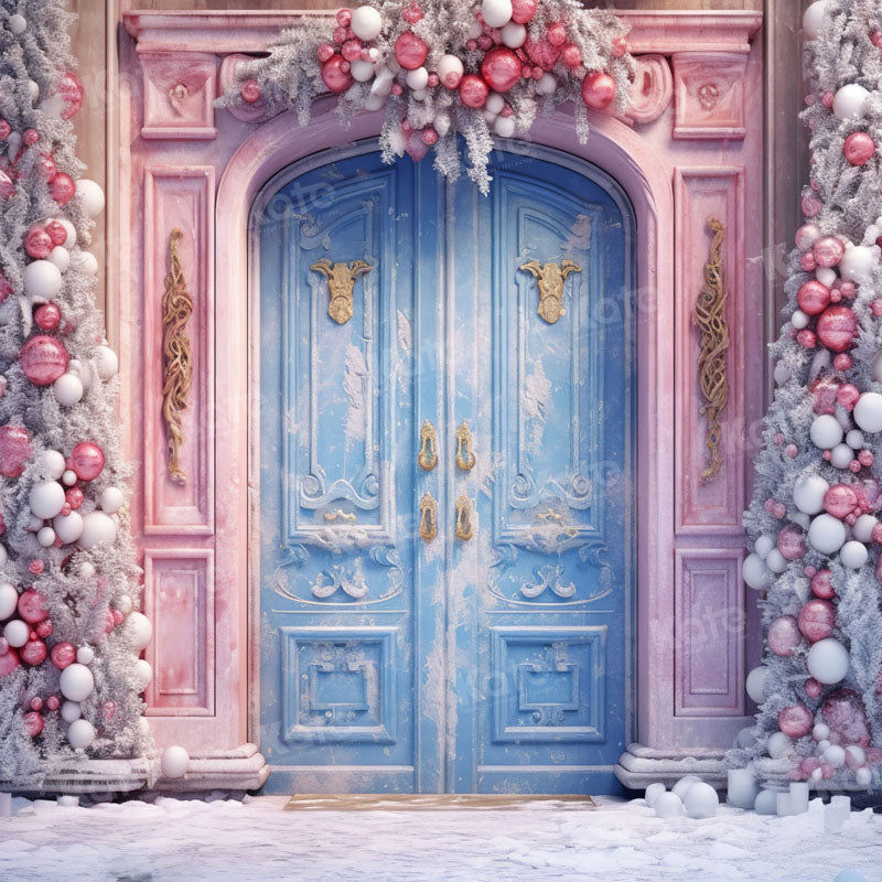 Kate Pink Christmas Blue Door Yard Backdrop for Photography