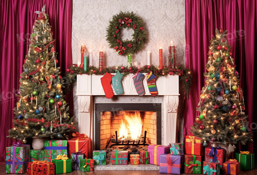 Kate Winter Christmas Fireplace Gift Backdrop for Photography