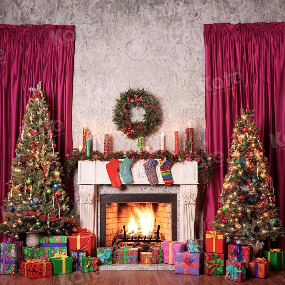 Kate Winter Christmas Fireplace Gift Backdrop for Photography