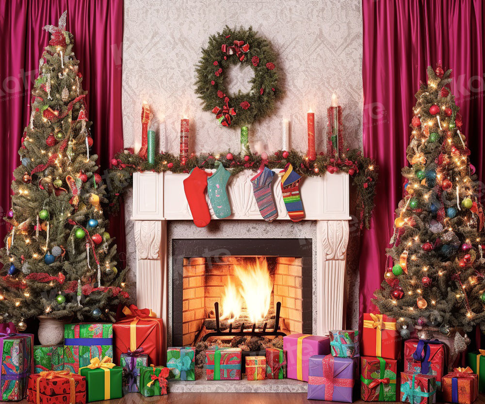 Kate Winter Christmas Fireplace Gift Backdrop for Photography