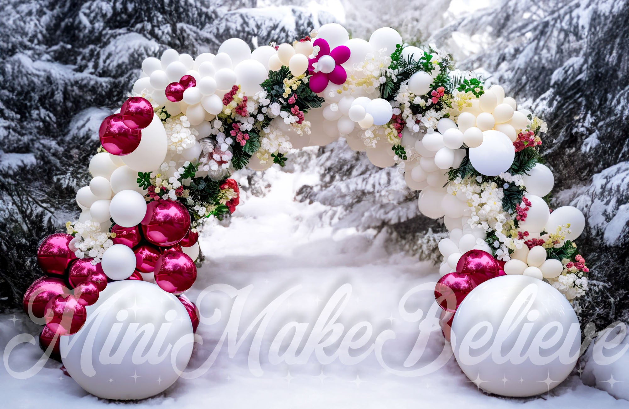 Kate Christmas Winter Backdrop Balloon Arch in Snow Designed by Mini MakeBelieve