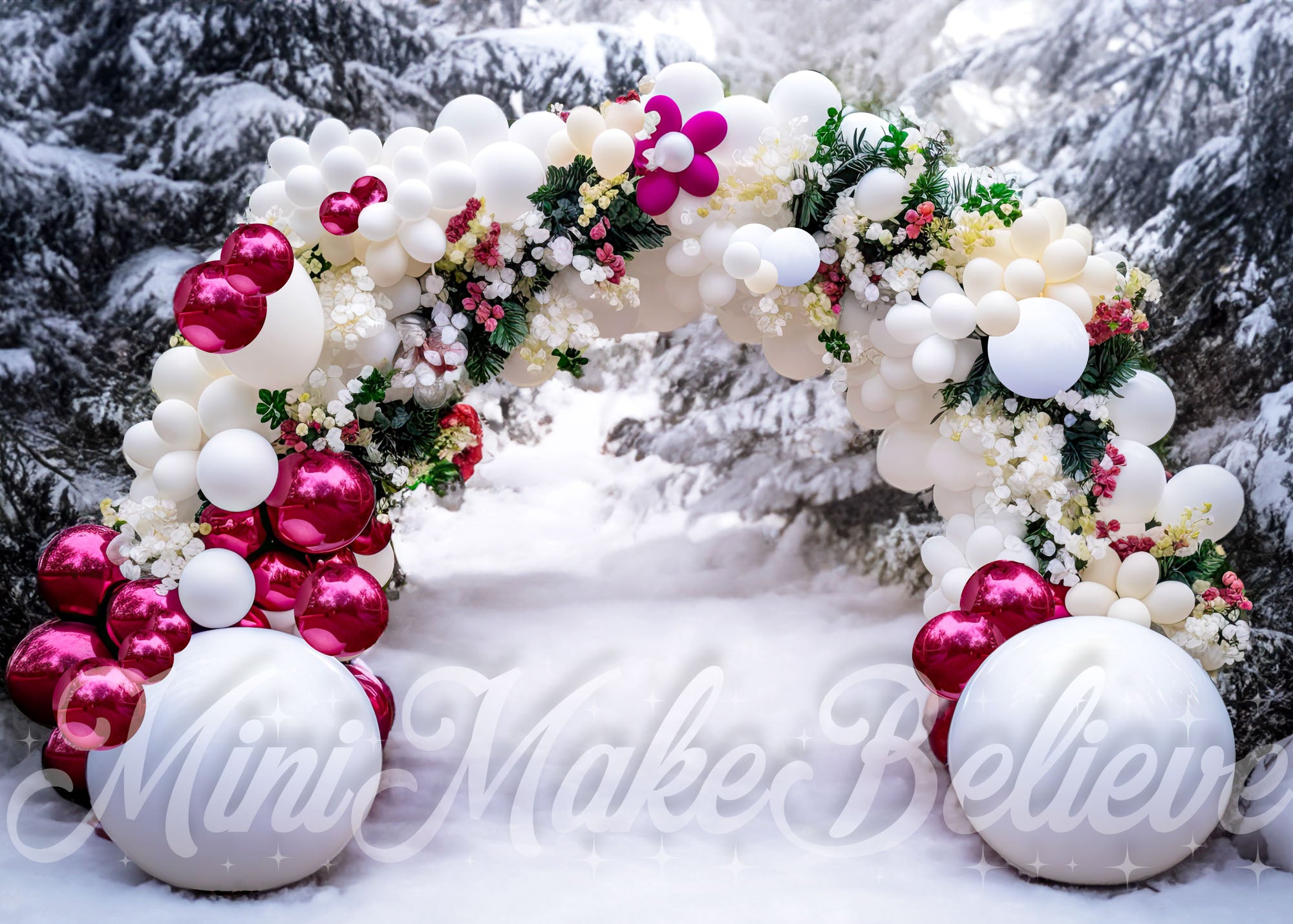 Kate Christmas Winter Backdrop Balloon Arch in Snow Designed by Mini MakeBelieve