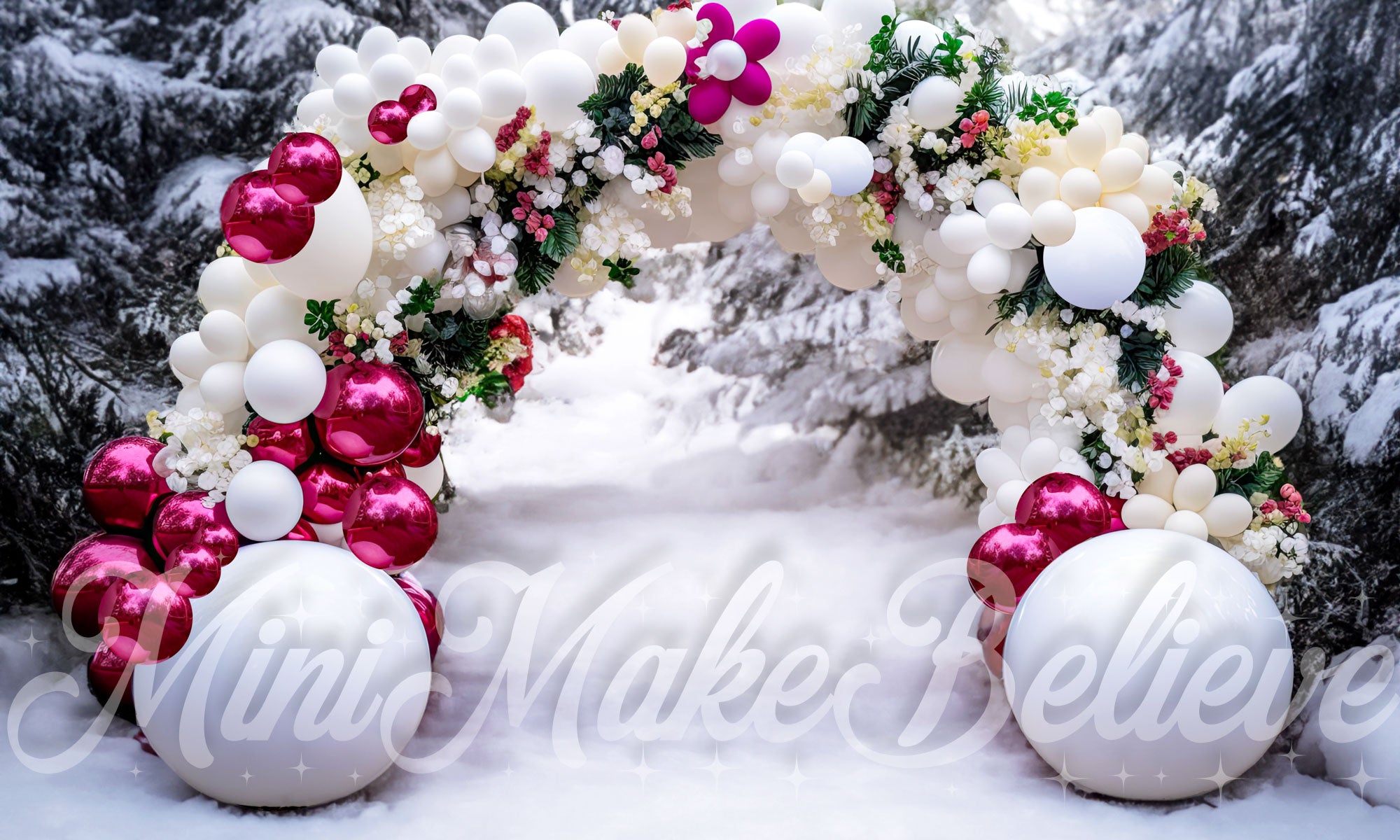 Kate Christmas Winter Backdrop Balloon Arch in Snow Designed by Mini MakeBelieve