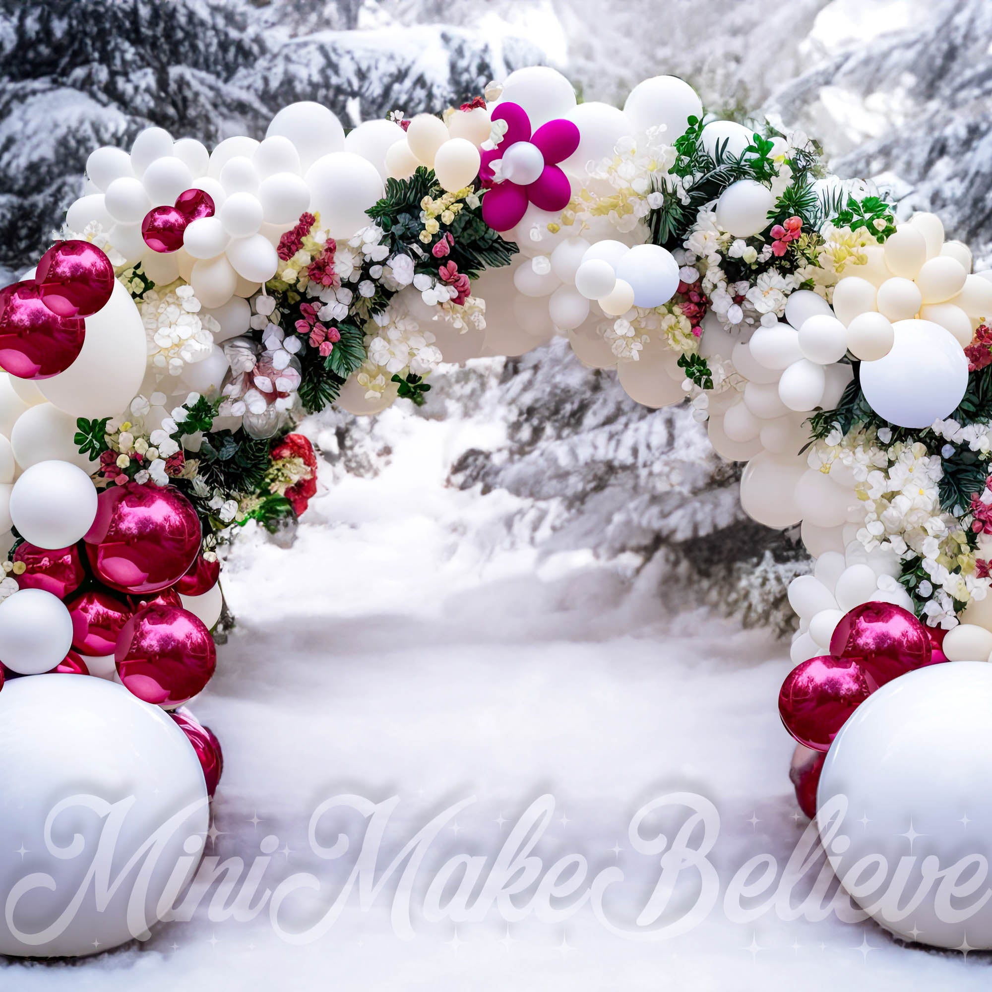 Kate Christmas Winter Backdrop Balloon Arch in Snow Designed by Mini MakeBelieve