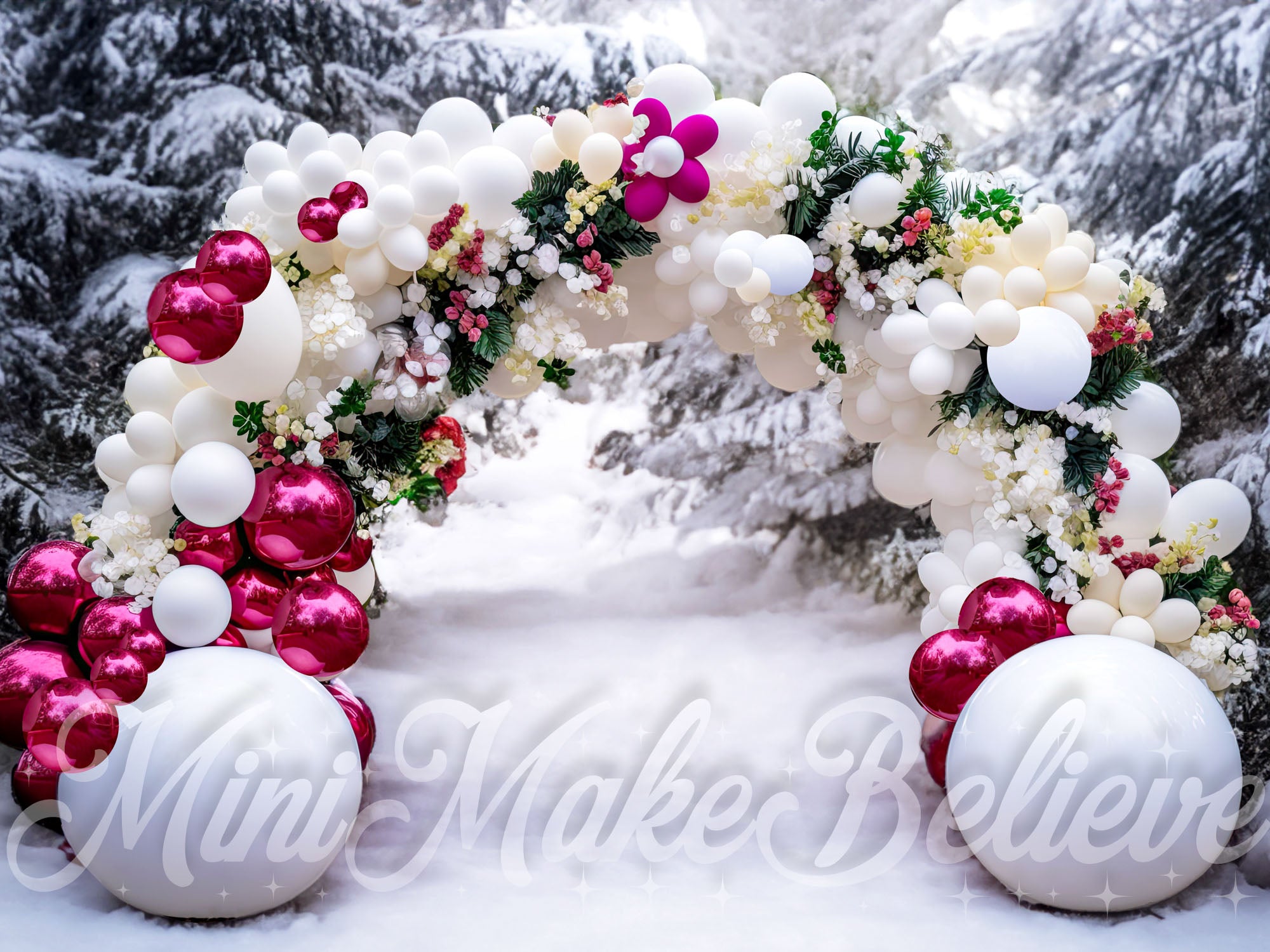 Kate Christmas Winter Backdrop Balloon Arch in Snow Designed by Mini MakeBelieve