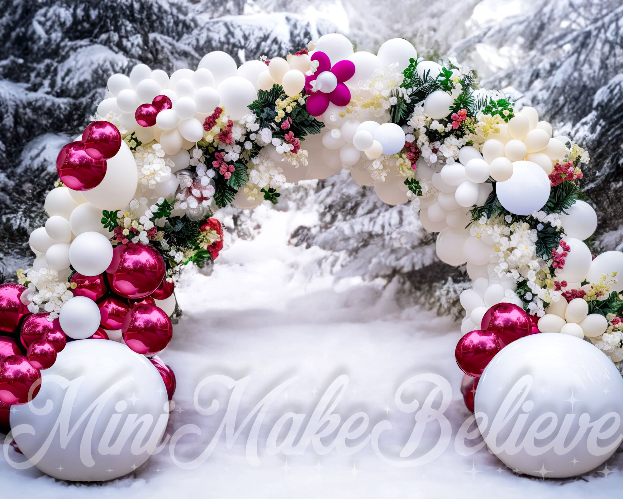 Kate Christmas Winter Backdrop Balloon Arch in Snow Designed by Mini MakeBelieve