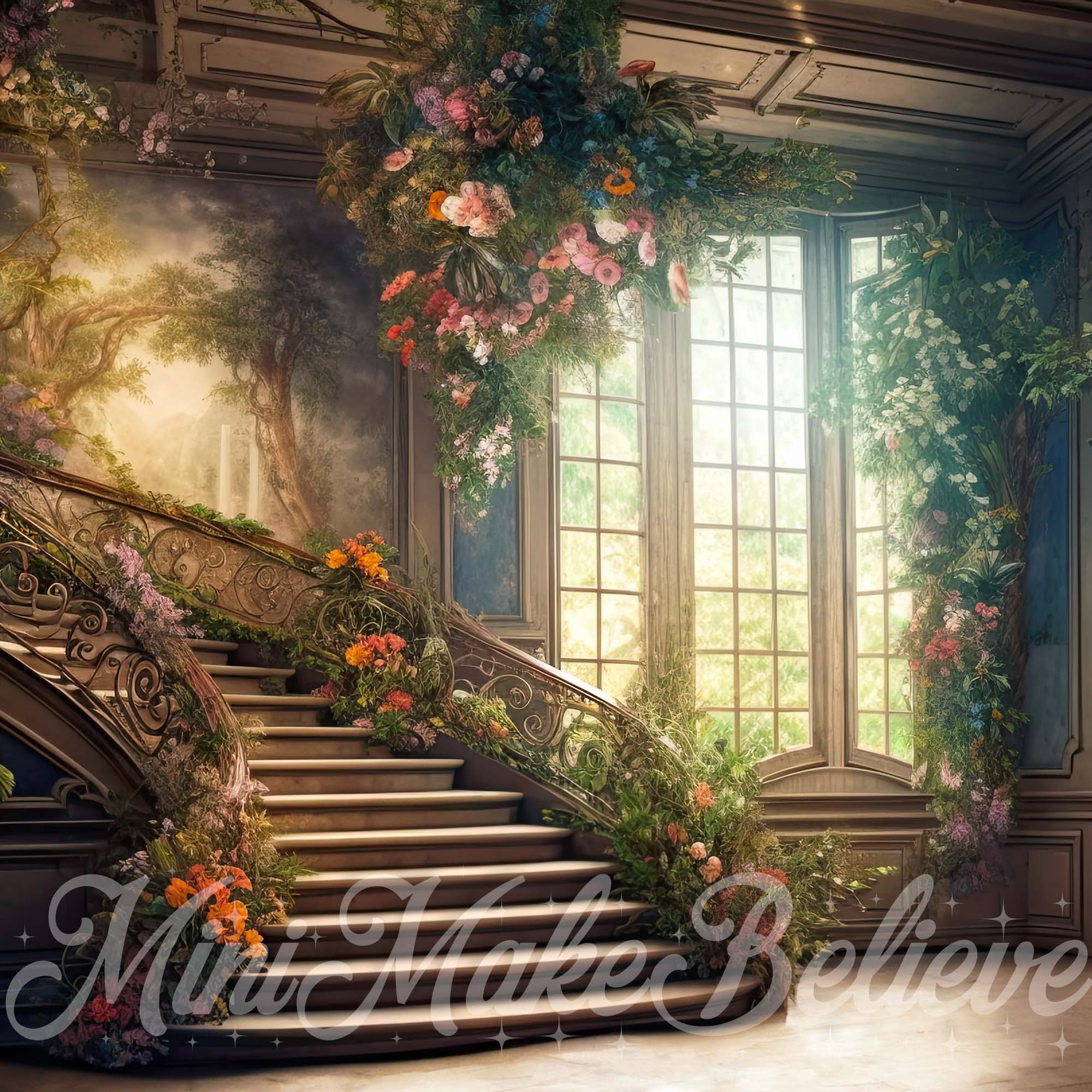 Kate Painterly Valentine Spring Backdrop Soft Painterly Mansion Stairs Designed by Mini MakeBelieve