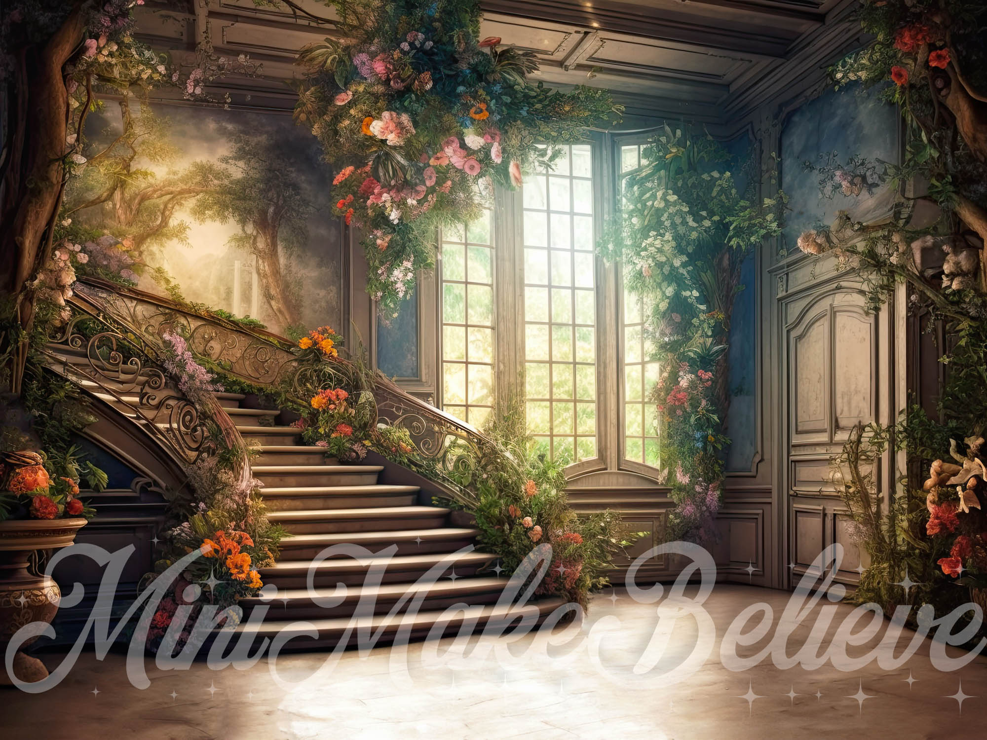 Kate Painterly Valentine Spring Backdrop Soft Painterly Mansion Stairs Designed by Mini MakeBelieve