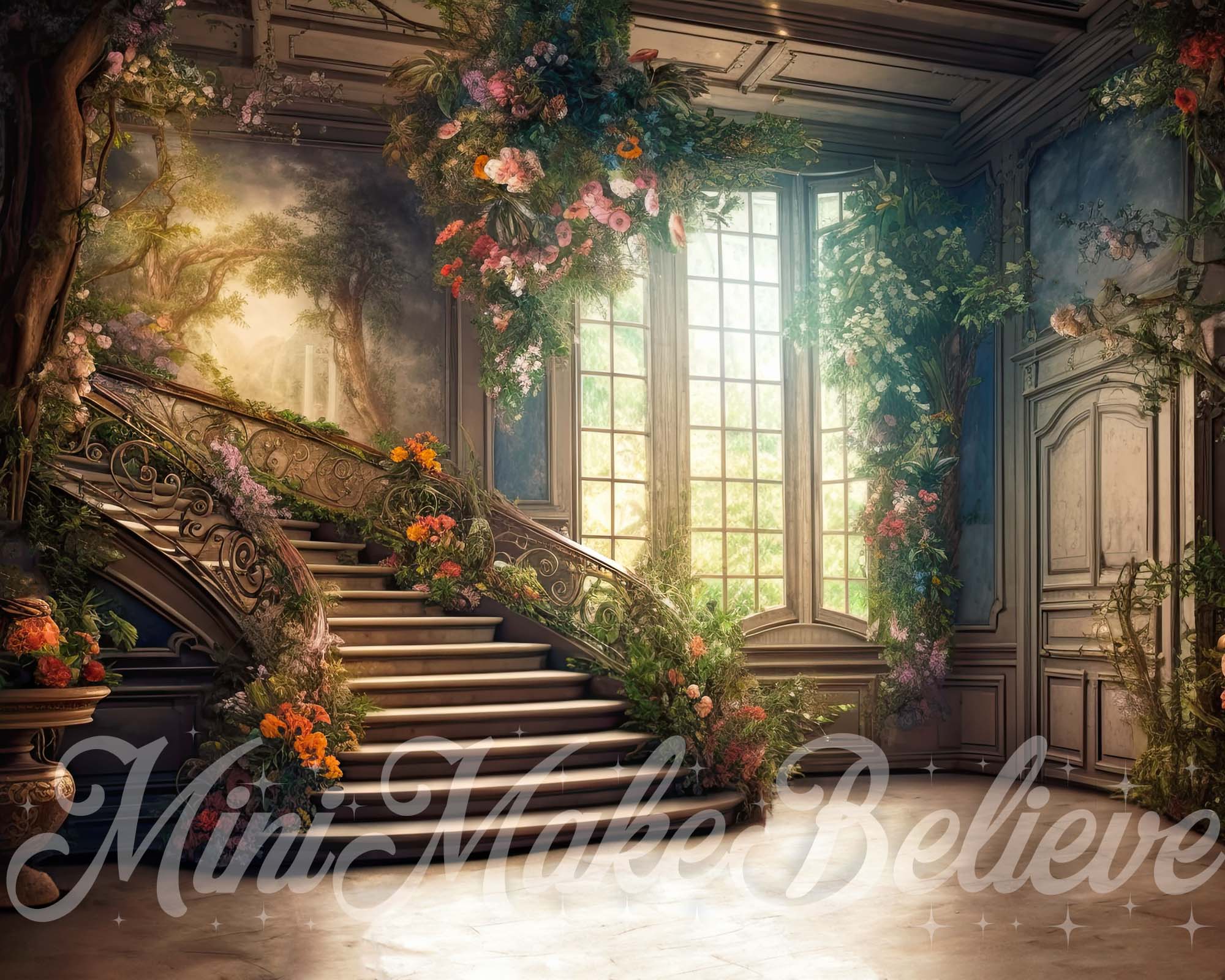 Kate Painterly Valentine Spring Backdrop Soft Painterly Mansion Stairs Designed by Mini MakeBelieve