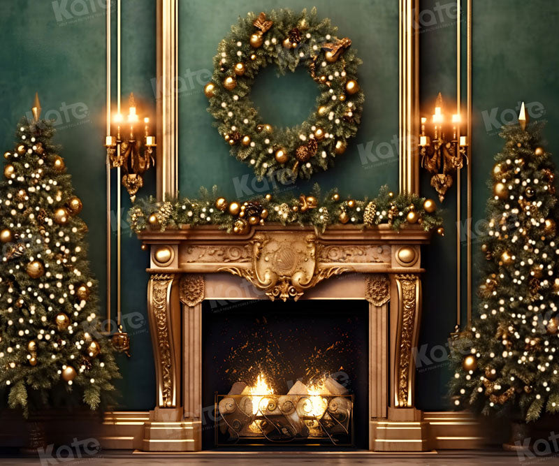 Kate Christmas Green Wall Golden Fireplace Backdrop for Photography