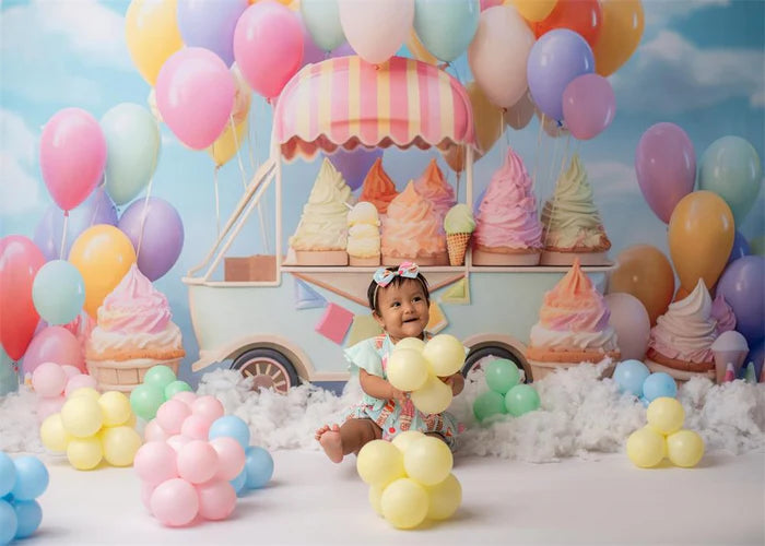 Kate Summer Sweet Ice Cream Backdrop Car Cake Smash Balloon Sky Designed by Chain Photography