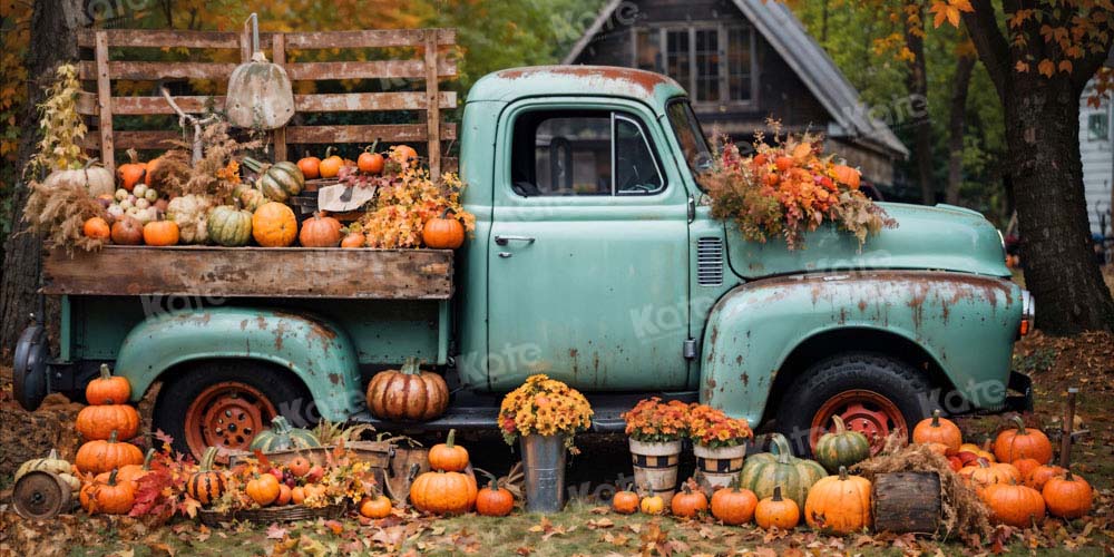 Kate Autumn Truck Backdrop Golden Leaves Old House Designed by Chain Photography