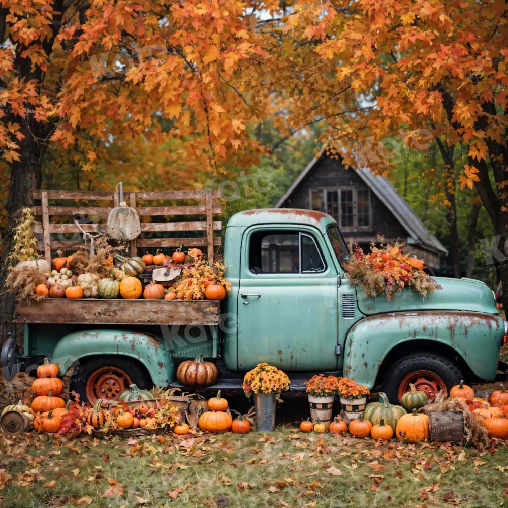 Kate Autumn Truck Backdrop Golden Leaves Old House Designed by Chain Photography