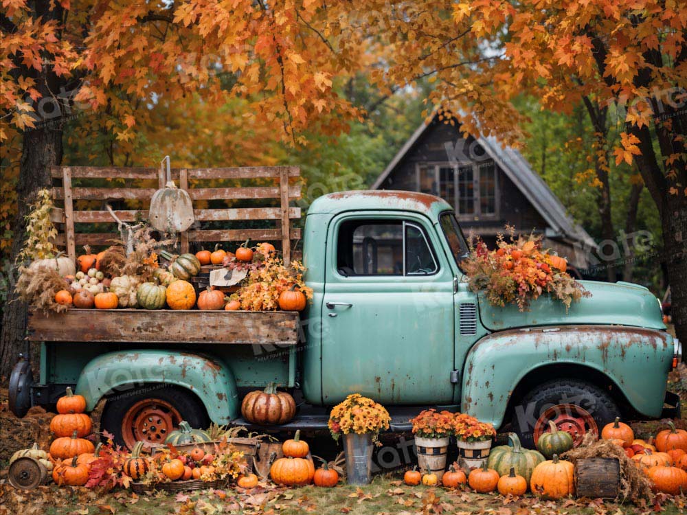 Kate Autumn Truck Backdrop Golden Leaves Old House Designed by Chain Photography