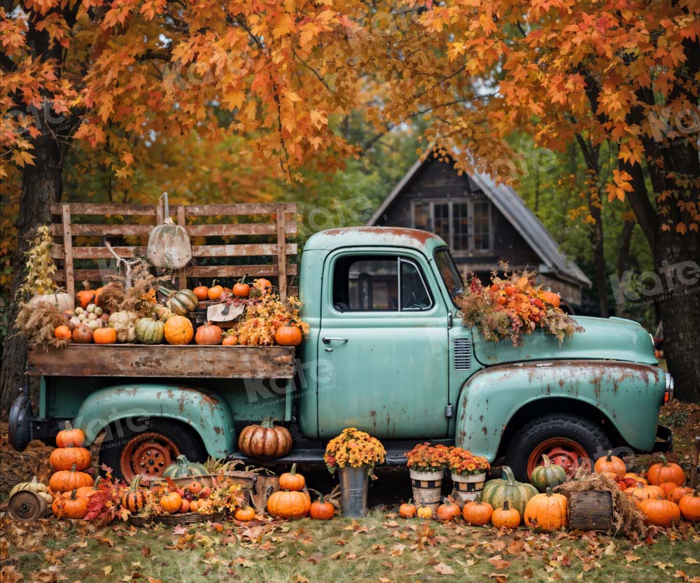 Kate Autumn Truck Backdrop Golden Leaves Old House Designed by Chain Photography