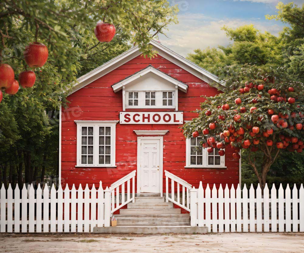 Kate Back to School Red House Apple Tree Fence Backdrop Designed by Chain Photography