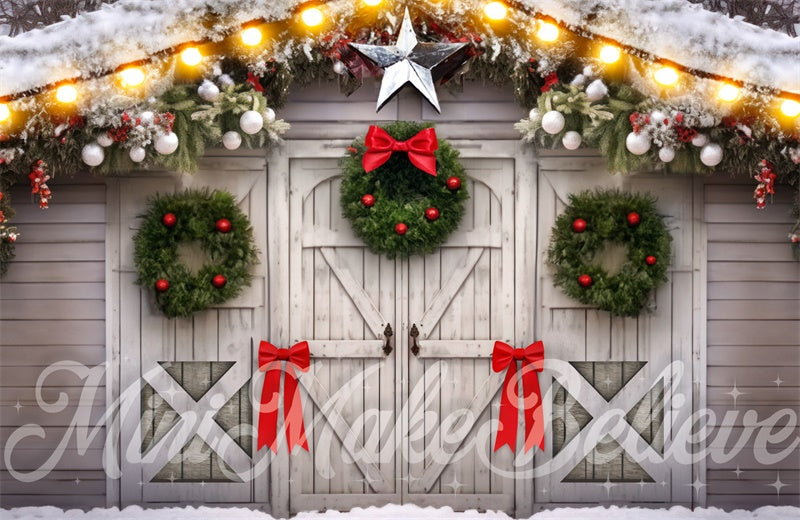 Kate White Barn Wreaths and Bows Backdrop Designed by Mini MakeBelieve