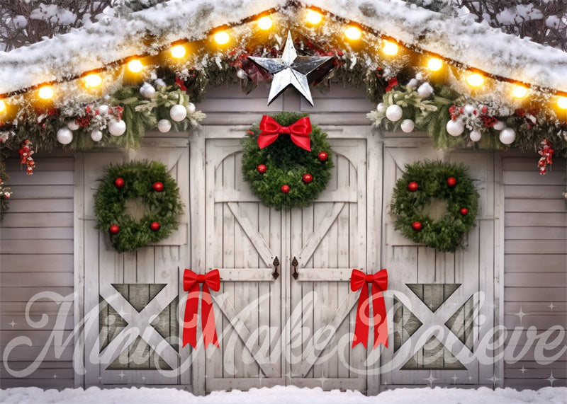 Kate White Barn Wreaths and Bows Backdrop Designed by Mini MakeBelieve