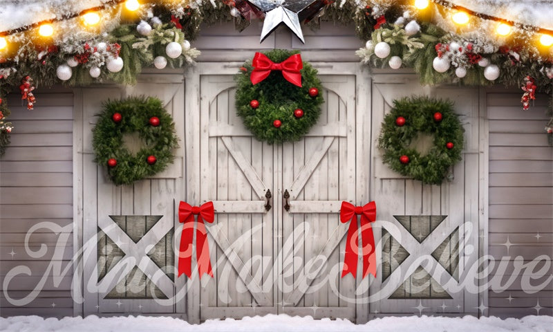 Kate White Barn Wreaths and Bows Backdrop Designed by Mini MakeBelieve