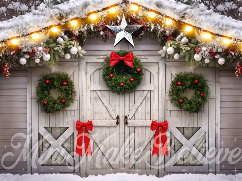 Kate White Barn Wreaths and Bows Backdrop Designed by Mini MakeBelieve