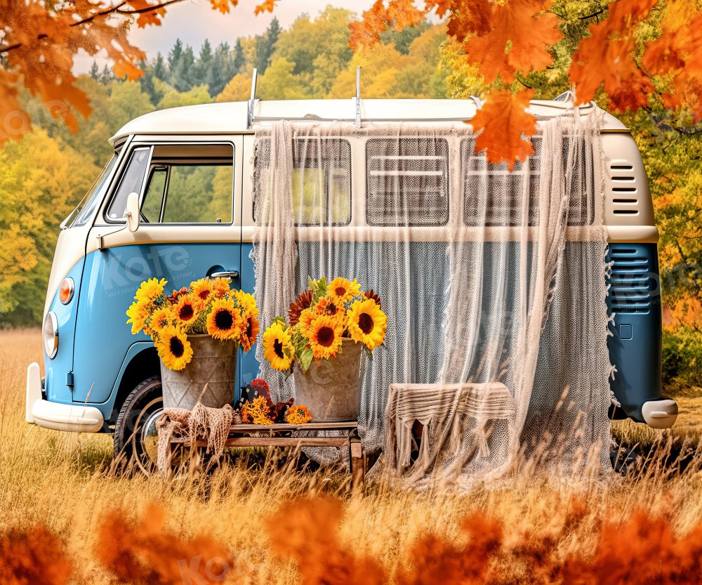 Kate Autumn Outing Bus Backdrop Sunflower for Photography