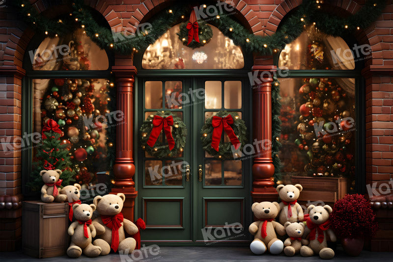 Kate Christmas Teddy Bear Backdrop Green Store Door for Photography