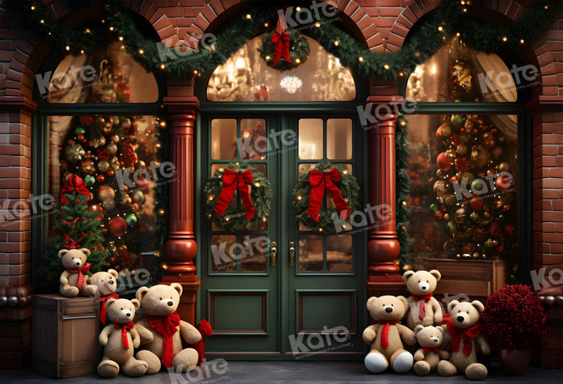 Kate Christmas Teddy Bear Backdrop Green Store Door for Photography