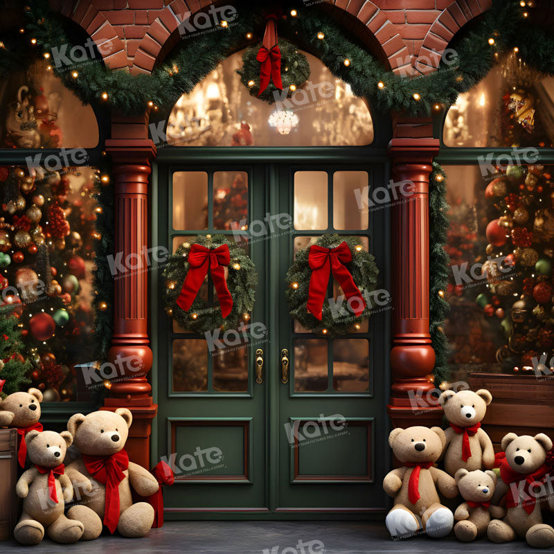 Kate Christmas Teddy Bear Backdrop Green Store Door for Photography