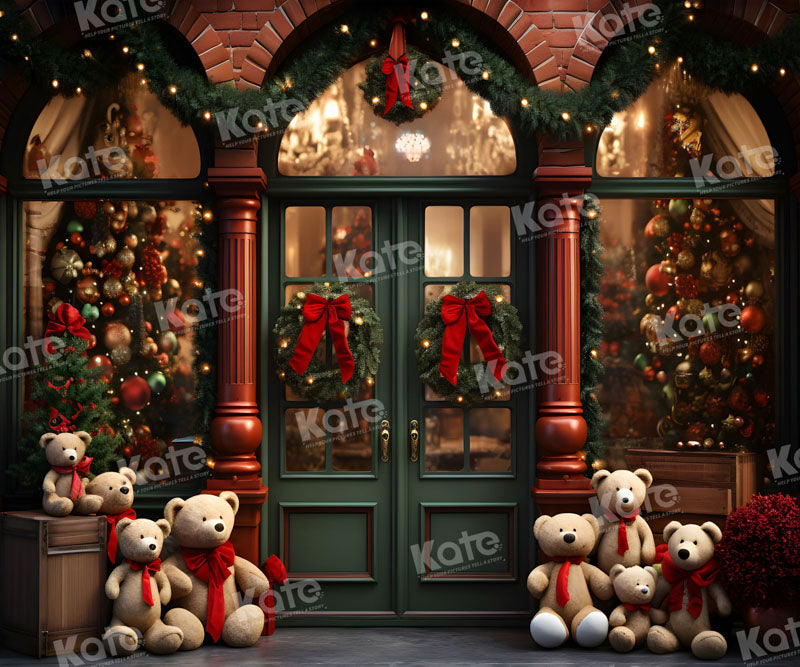 Kate Christmas Teddy Bear Backdrop Green Store Door for Photography