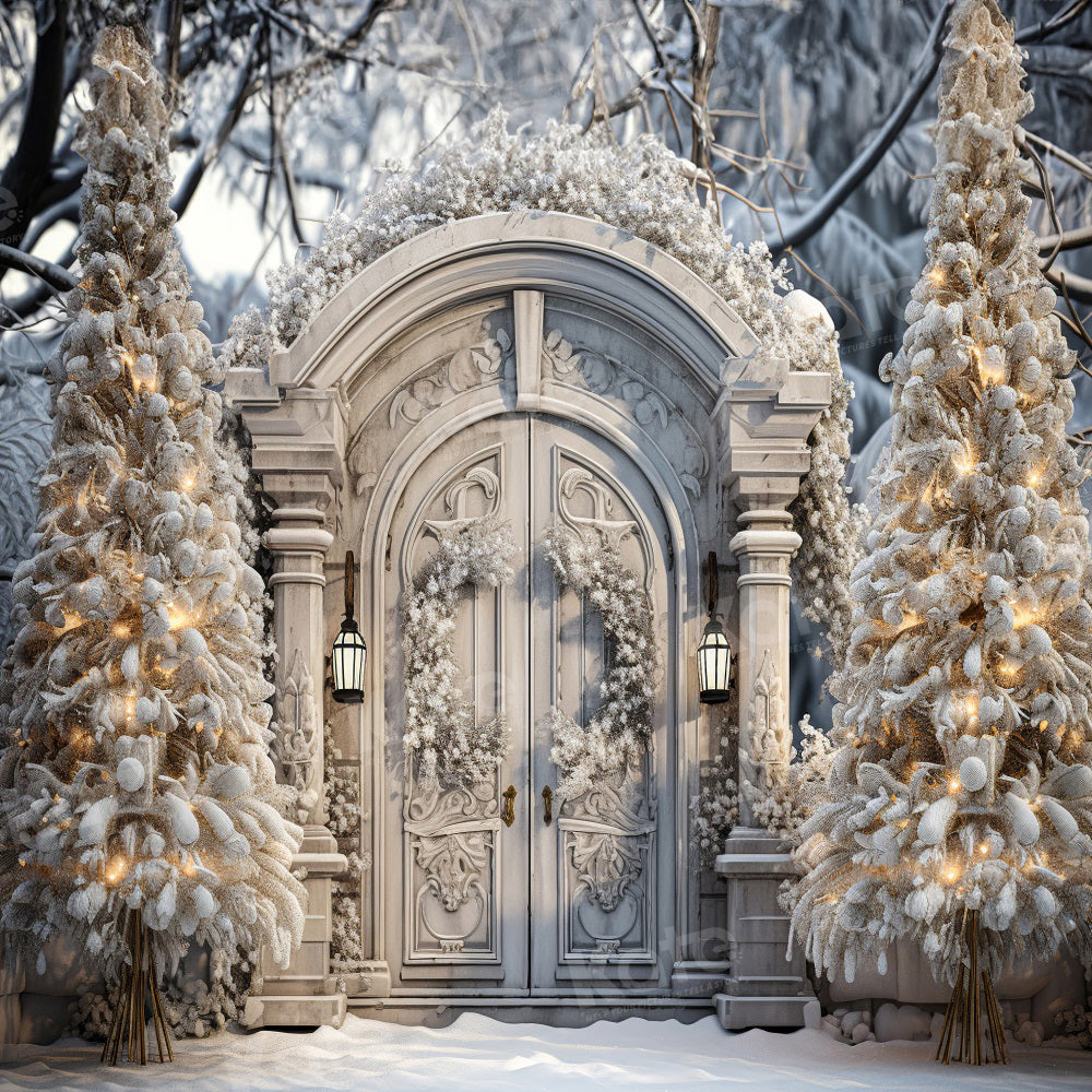 Lightning Deals-1 Kate Winter Christmas Snowy Backdrop Frosted White Door Tree for Photography