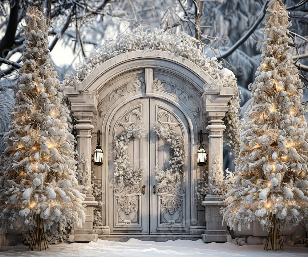 Lightning Deals-1 Kate Winter Christmas Snowy Backdrop Frosted White Door Tree for Photography