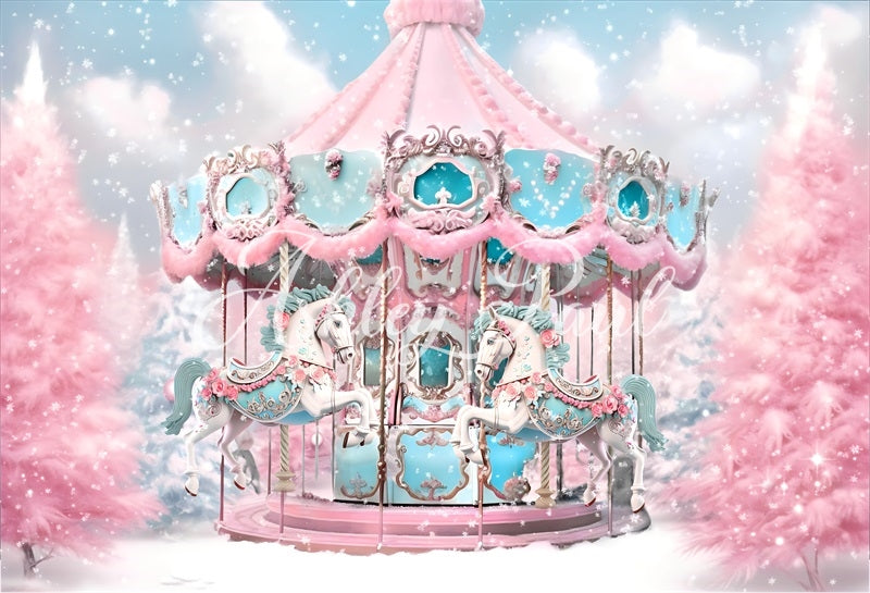 Kate Winter Christmas Pink White Carousel Backdrop Designed by Ashley Paul